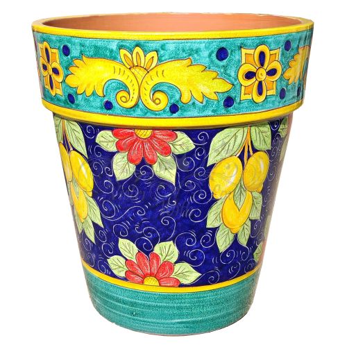 Conical pot for plants Blue background, lemons. handpainted Vietri ceramic