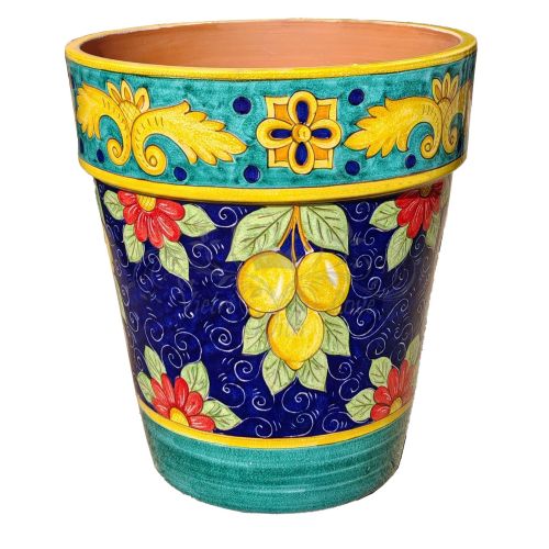 Vaso conico fondo Blu, soggetto limone. Ceramica di Vietri dipinto a mano.