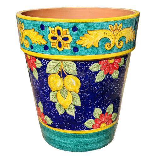 Conical pot for plants Blue background, lemons. handpainted Vietri ceramic