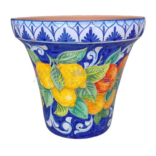 Konische Vase mit blauem Zitronen. Handbemalte Vietri-Keramik.