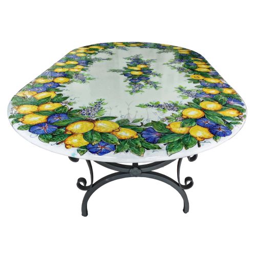 Table. Ceramicized lava stone table. Lemons, Bellflowers...
