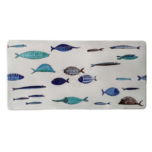 Table. Ceramicized lava stone table. Modern Fish design. Hand-painted. Vietri ceramic.
