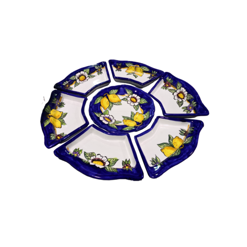 Antipastiera. Cena Fredda. 7 pezzi. Linea limoni bordo Blu. Ceramica di Vietri. Dipinta a mano