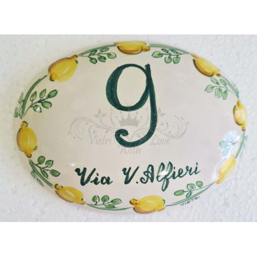 Targa ovale personalizzabile. Linea Limoni. Ceramica di Vietri. Dipinta a mano.