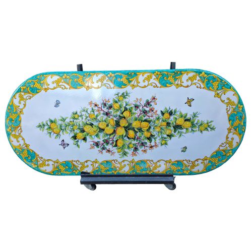 Table. Inglese: Ceramicized lava stone table. Baroque & Lemons. Hand-painted. Vietri ceramic.
