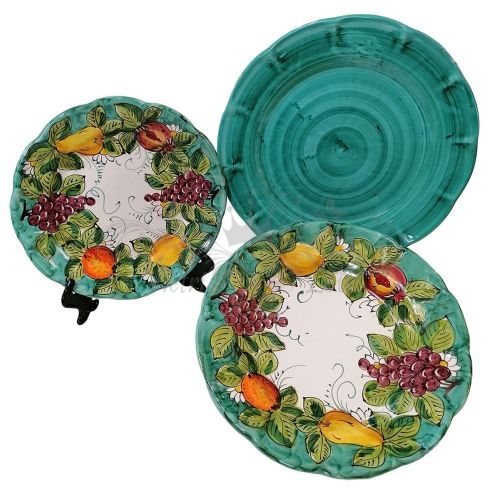 Teller. 3er-Teller-Set. Früchte-Linie. Vietri-Keramik. Handbemalt – Suppen-, Speise- und Dessertteller.