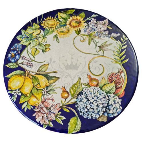 Table en pierre de lave émaillée. Géraniums & Fruits. Peinte à la main. Céramique de Vietri.
