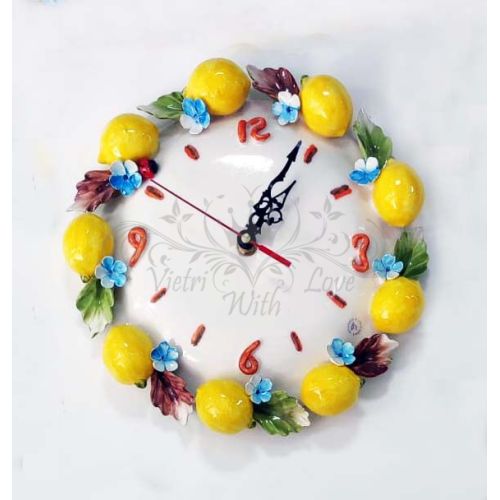 Horloge murale. Citrons en relief. Céramique de Vietri. Peinte à la main.