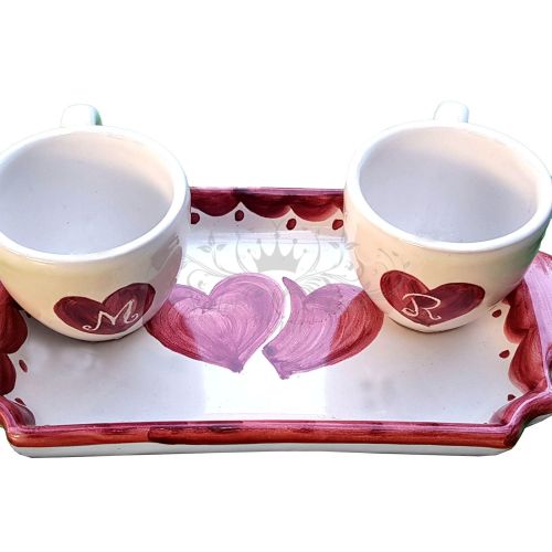 Kaffee-Tassen- und Tablett-Set „Tet-a-Tet“ Geschenk. Herzchen-Dekor. Vietri Keramik.