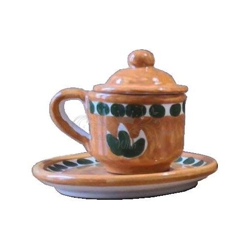 Espressotasse mit Untertasse und Deckel. Pinselstrich-Linie. Vietri-Keramik. Handbemalt.