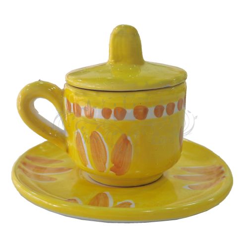 Espressotasse mit Untertasse und Deckel. Pinselstrich-Linie. Vietri-Keramik. Handbemalt.