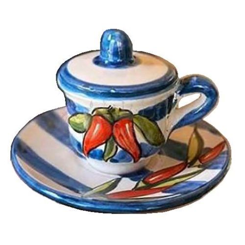 Coffee cup with saucer and lid. Chili Line. Vietri ceramic. Hand-painted.