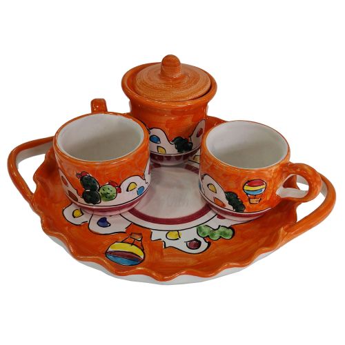 Set of coffe cups, sugar cup. With tray houses line. handpainted Vietri ceramic