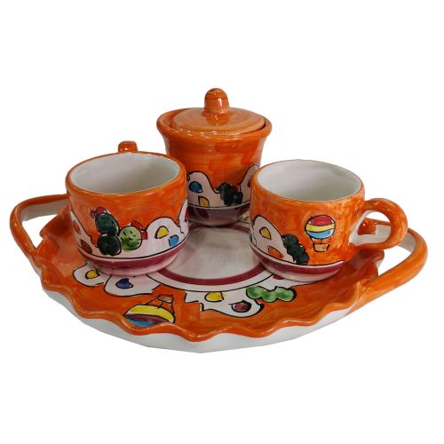 Set Tassen mit Zuckerdose mit Tablett Casette Line. Handbemalte Vietri-Keramik.