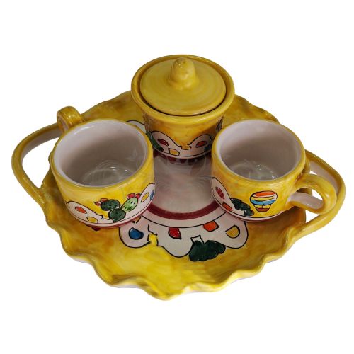 Set of coffe cups, sugar cup. With tray houses line. handpainted Vietri ceramic