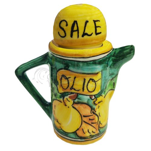 Oil cruet. 2-in-1 with salt-holder cap. Lemon line. Vietri ceramics. Hand-painted.