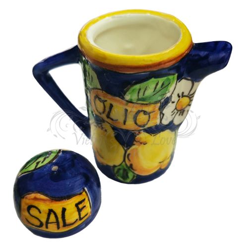 Huilier 2-en-1 avec bouchon porte-sel. Ligne Citrons. Céramique de Vietri. Peint à la main.