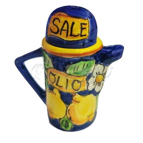 Oil cruet. 2-in-1 with salt-holder cap. Lemon line. Vietri ceramics. Hand-painted.