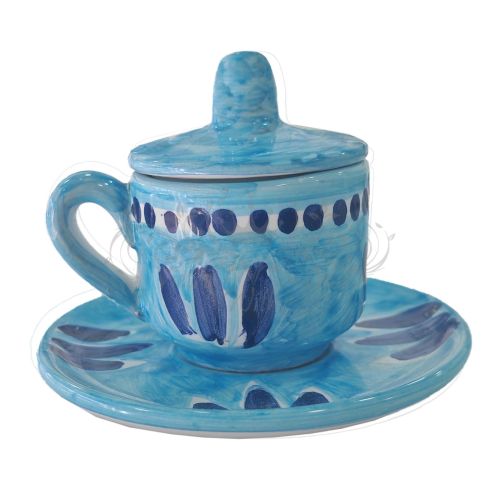 Coffee cup with saucer and lid. Brushstroke Line. Vietri ceramic. Hand-painted.