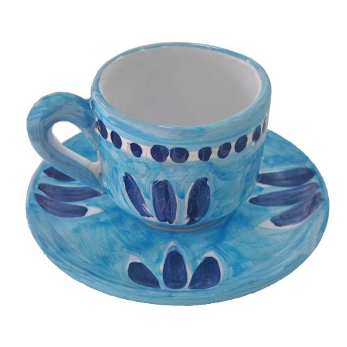 Espressotasse mit Untertasse und Deckel. Pinselstrich-Linie. Vietri-Keramik. Handbemalt.