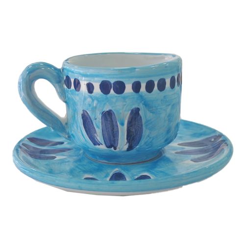 Coffee cup with saucer and lid. Brushstroke Line. Vietri ceramic. Hand-painted.