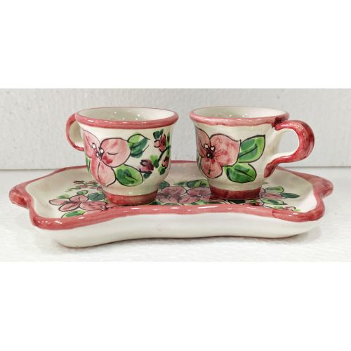 Kaffee-Tassen- und Tablett-Set „Tet-a-Tet“ Geschenk. Linie Blumen. Vietri Keramik.