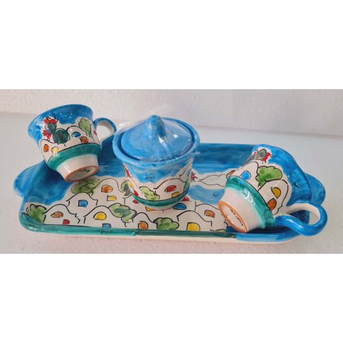 Set of coffe cups, sugar cup. With tray houses line. handpainted Vietri ceramic