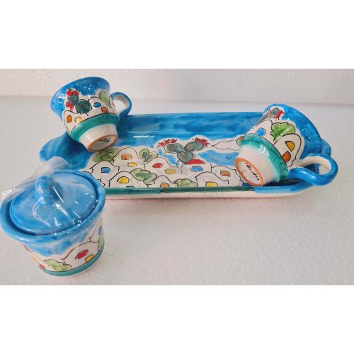 Set Tassen mit Zuckerdose mit Tablett Casette Line. Handbemalte Vietri-Keramik.