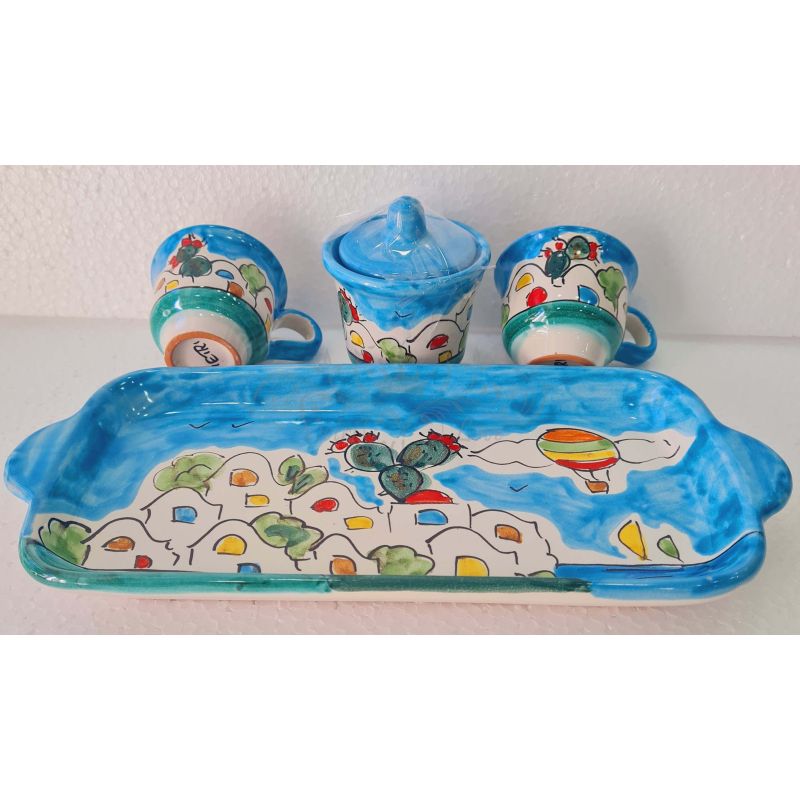 Set of coffe cups, sugar cup. With tray houses...