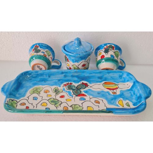 Set of coffe cups, sugar cup. With tray houses line. handpainted Vietri ceramic