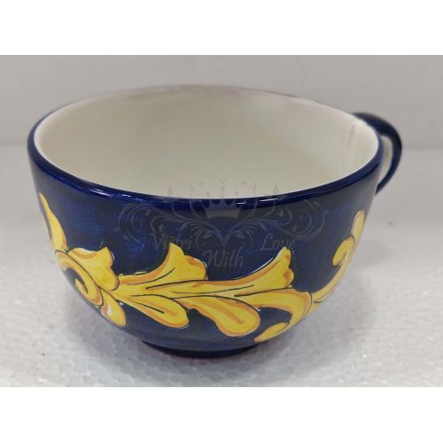 Milk cup with double saucer for biscuits, Baroque and Blue Line . handpainted Vietri ceramic