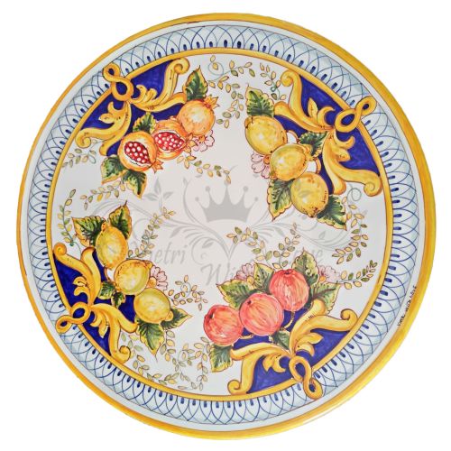 Table en pierre de lave émaillée. Fruits & Citrons avec Baroque. Peinte à la main. Céramique de Vietri.