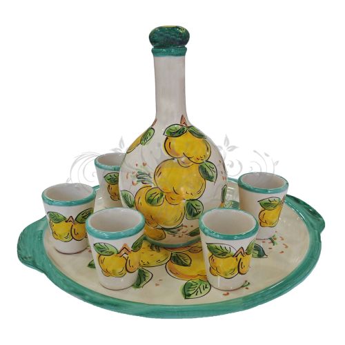 Limoncello Set. Bottle, tray and 6 glasses. Lemon Line. Hand-painted Vietri ceramic.
