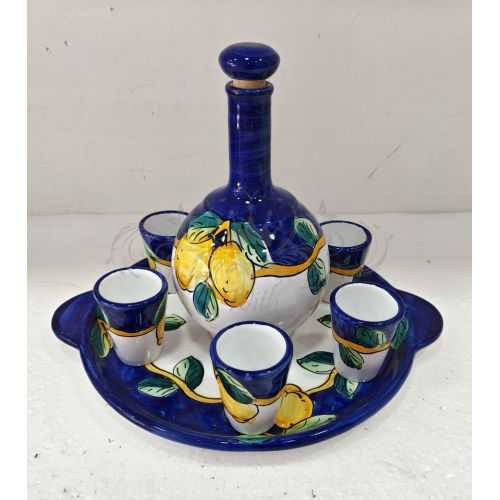 Set limoncello. Bouteille, plateau et 6 verres. Ligne Citrons. Céramique de Vietri peinte à la main.
