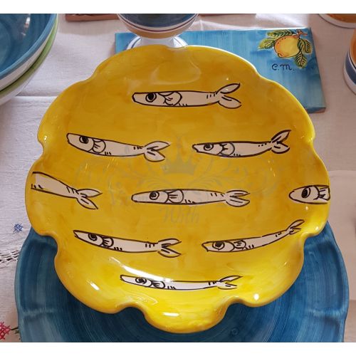 Bowl wave border sardines line orange. handpainted Vietri ceramic. dinner, fruit/dessert underplate