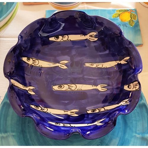 Bowl wave border sardines line orange. handpainted Vietri ceramic. dinner, fruit/dessert underplate