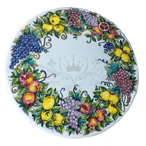 Table en pierre de lave céramisée. 80Cm. Citrons et Fruits. Céramique de Vietri. Peinte à la main.