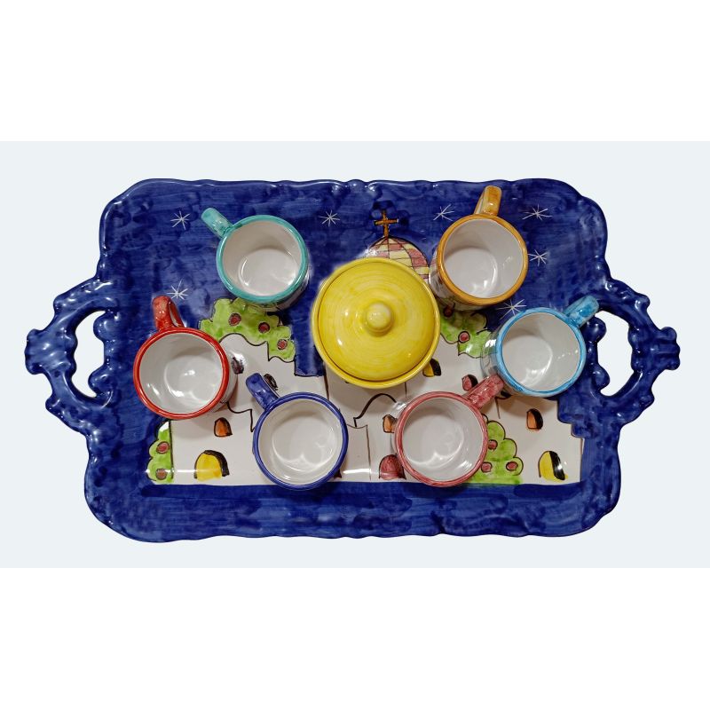 Tray with 6 cups and sugar bowl. Little Houses...