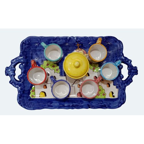 Tray with 6 cups and sugar bowl. Little Houses line. Vietri ceramic. Hand-painted.