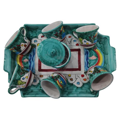 Tray with 6 cups and sugar bowl. Little Houses line. Vietri ceramic. Hand-painted.