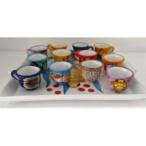 Tray with 12 cups. Sea line. Vietri ceramic. Hand-painted.