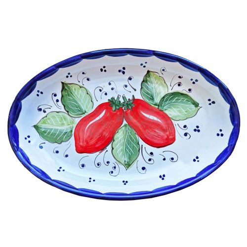 Ovale Servierplatte in Schalenform. Gemüse-Kollektion. Dekor Tomate. Handbemalte Vietri-Keramik.
