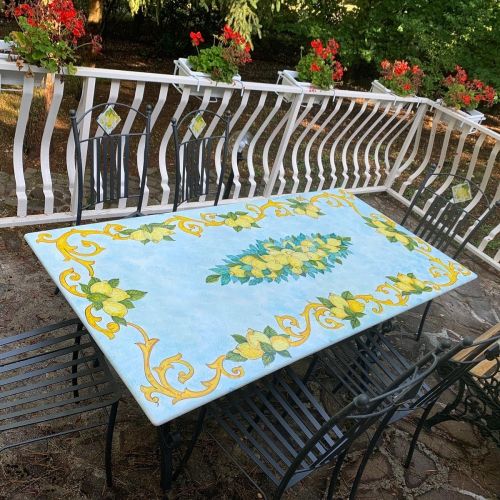 Table. Ceramic-coated lava stone table. Hand-painted...