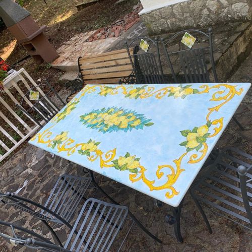 Table. Ceramic-coated lava stone table. Hand-painted Cetara. Vietri ceramic.