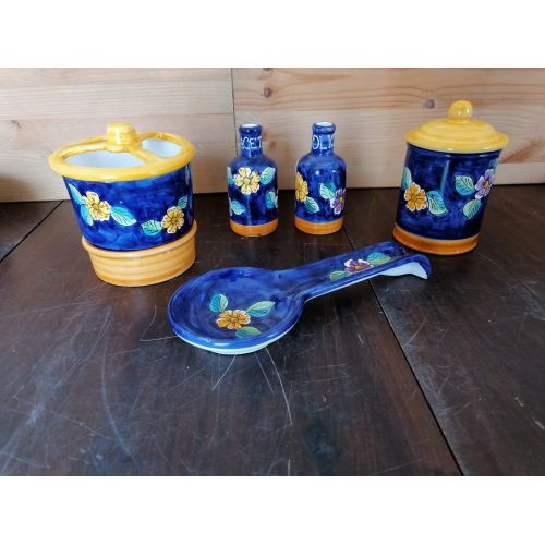 Kitchen accessories set Blue flower line. handpainted Vietri ceramic