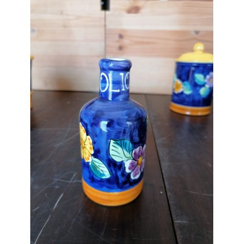 Bottiglia per olio personalizzata, fondo Blu decoro fiori. Ceramica di Vietri.