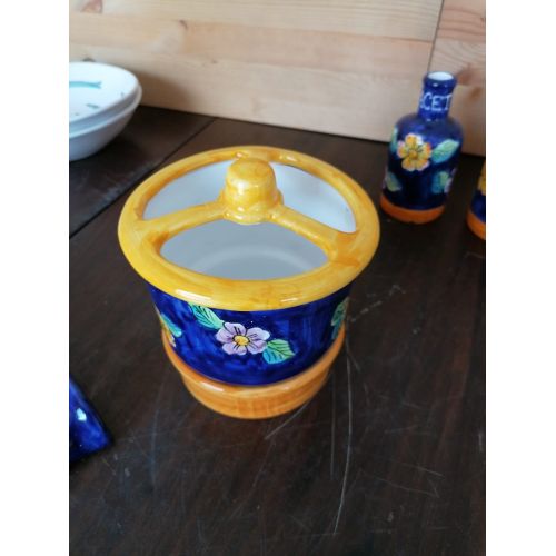 Porta posate fondo Blu decoro fiori. Ceramica di Vietri.