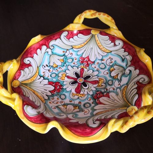 Centerpiece bowl with 3 handles. Wavy rim. Flower Collection. Vietri Ceramic. Hand-painted.