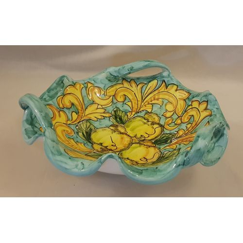 Centerpiece bowl with 3 handles. Wavy edge. Lemons and Baroque Collection. Vietri ceramic. Hand-painted.