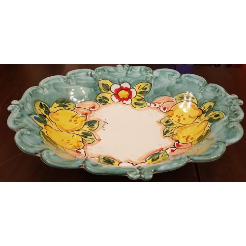 Centrotavola ovale bordo ondulato verde ramina. Ceramica di Vietri
